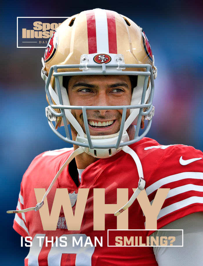 A smiling Jimmy Garoppolo with his helmet on on the SI Daily Cover